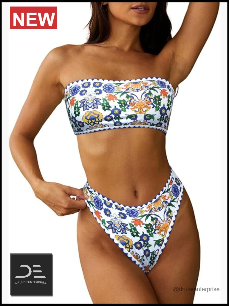 Women Strapless Textured Bandeau Bikini 2 Piece Swimwear Cheeky Lace Up